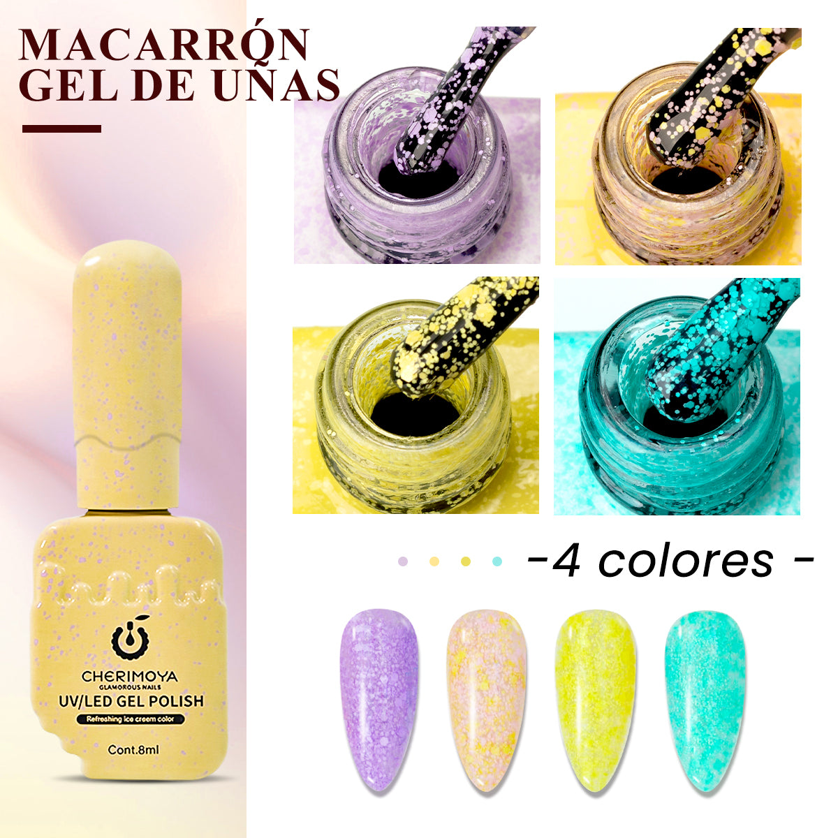 Kit Geles Semipermanente Helado De Macaron 4pzs Cherimoya Macarrones De Colores